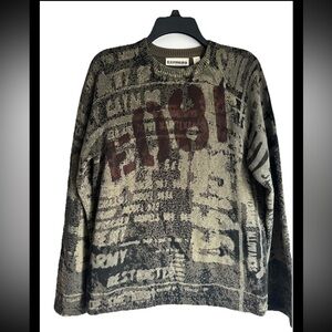 EXPRESS Mens VINTAGE Y2K Graphic E081 Green Knit Crew Cotton Japan Sweater Sz S